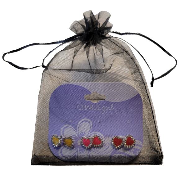 Charlie Girl Heart Stud Earrings Set Yellow Pink Red Rhinestone Trim Kidcore - Picture 7 of 7